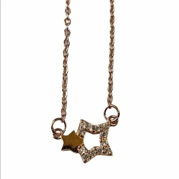 Two Star Necklace Rose Gold with Rhinestones - Picture 1 of 8